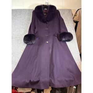 VINTAGE 50s Loring Wool Coat Womens Large Purple Fur Collar USA Winter Preppy